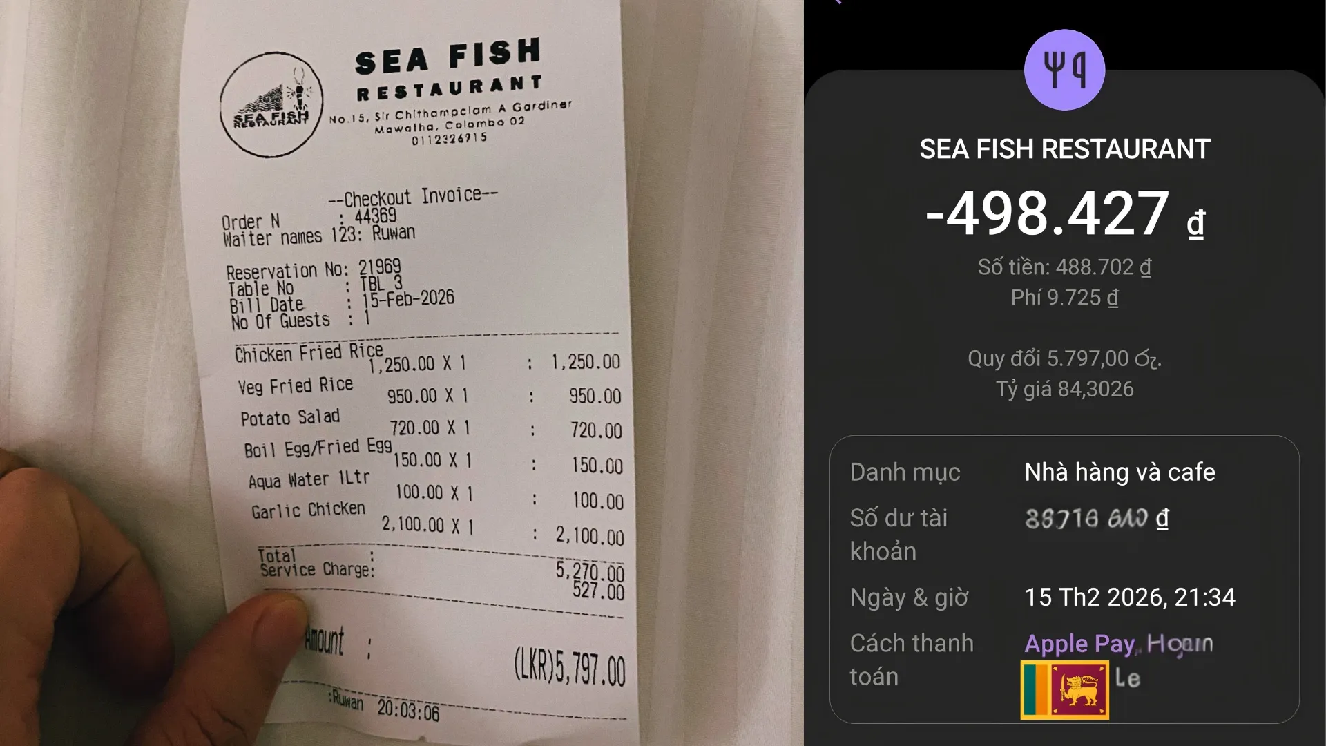 Hóa đơn và số tiền VND mình chi cho bữa ăn này