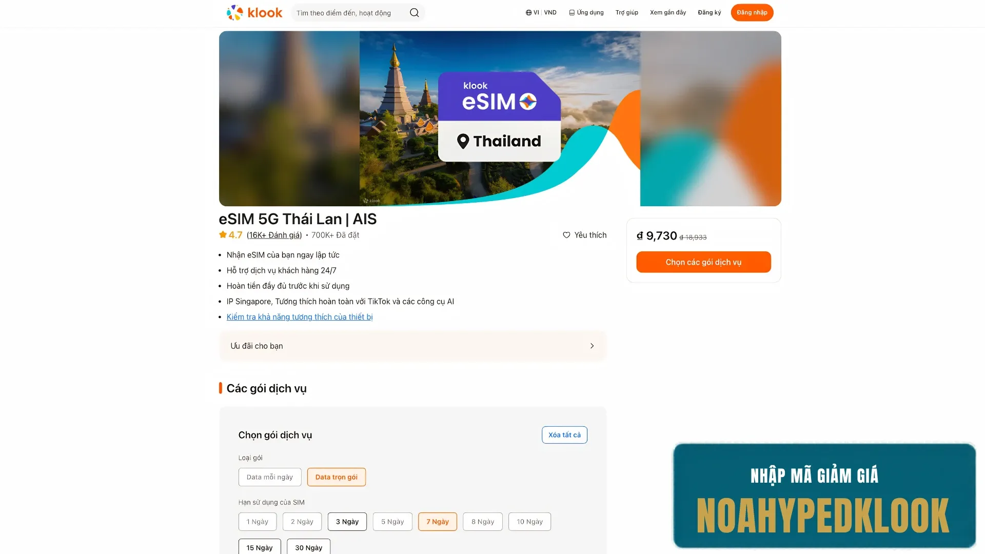 Chọn dịch vụ trên Klook