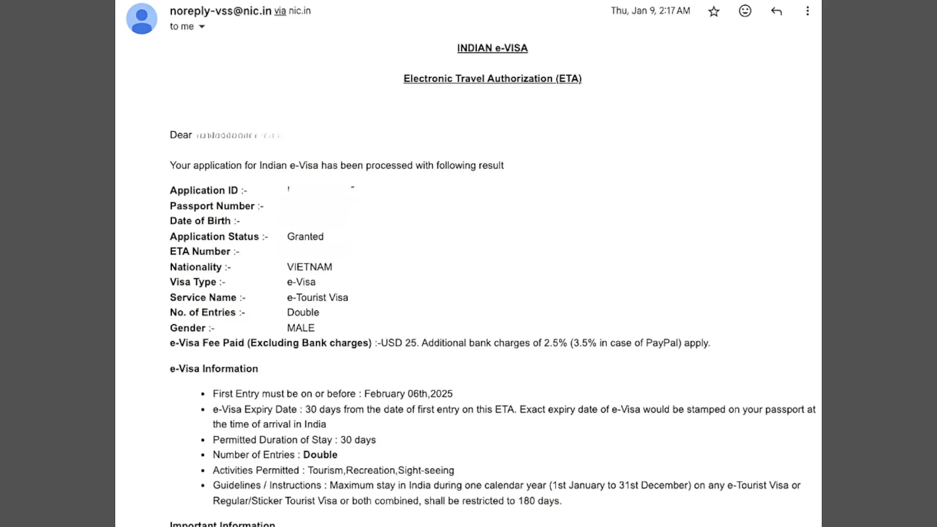 Email thông báo kết quả eVisa